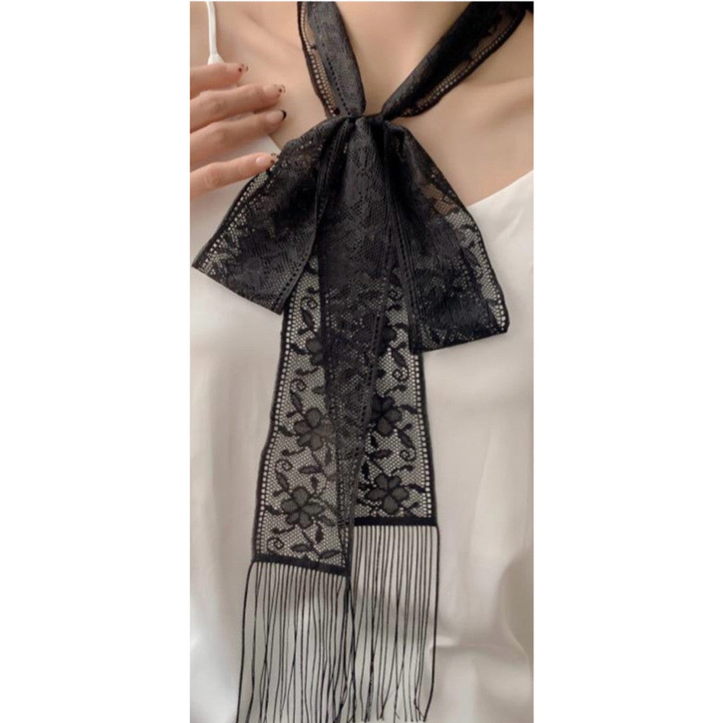 Scarf T&S Lace Fringes Ribbon Scarf Black