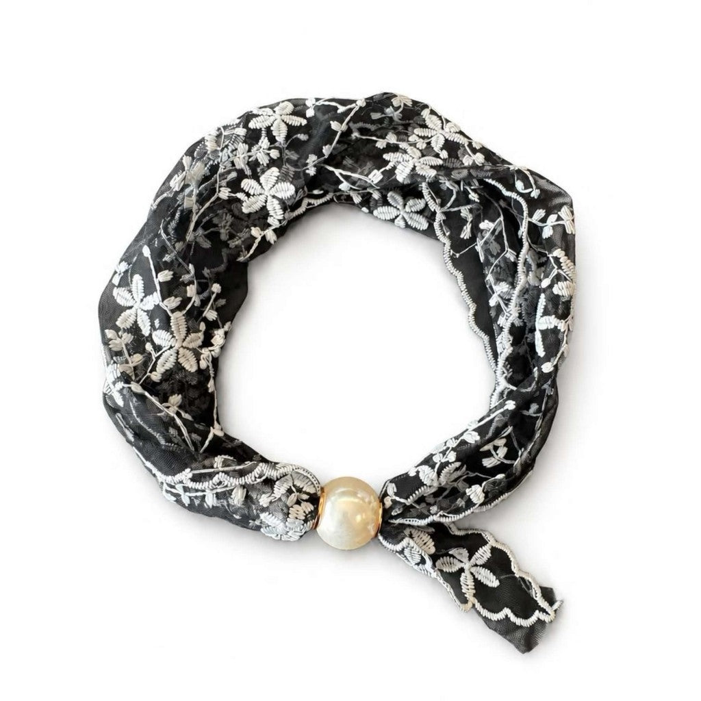 Scarf T&S Chloe Lace Scarf w. magnetic pearl Scarf Black