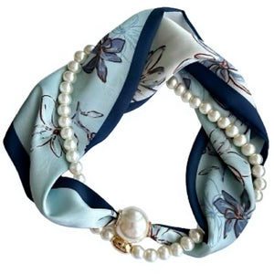 Scarf T&S Kim Scarf w. magnetic pearl and necklace Scarf Blue flower