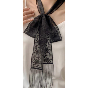 Scarf T&S Lace Fringes Ribbon Scarf Black