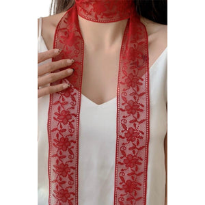 Scarf T&S Lace Fringes Ribbon Scarf Red