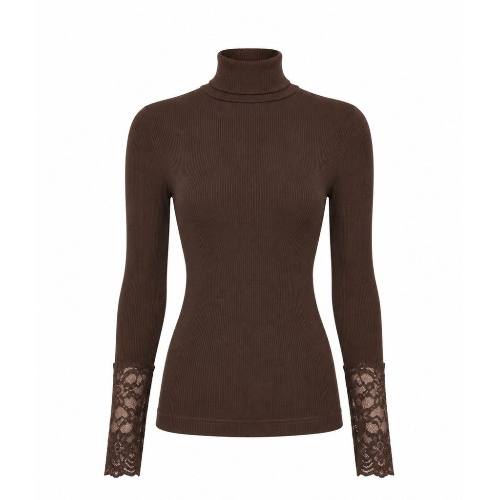 Microfiber T&S Maja Turtle Costina Lace LS Turtleneck LS Cioccolato