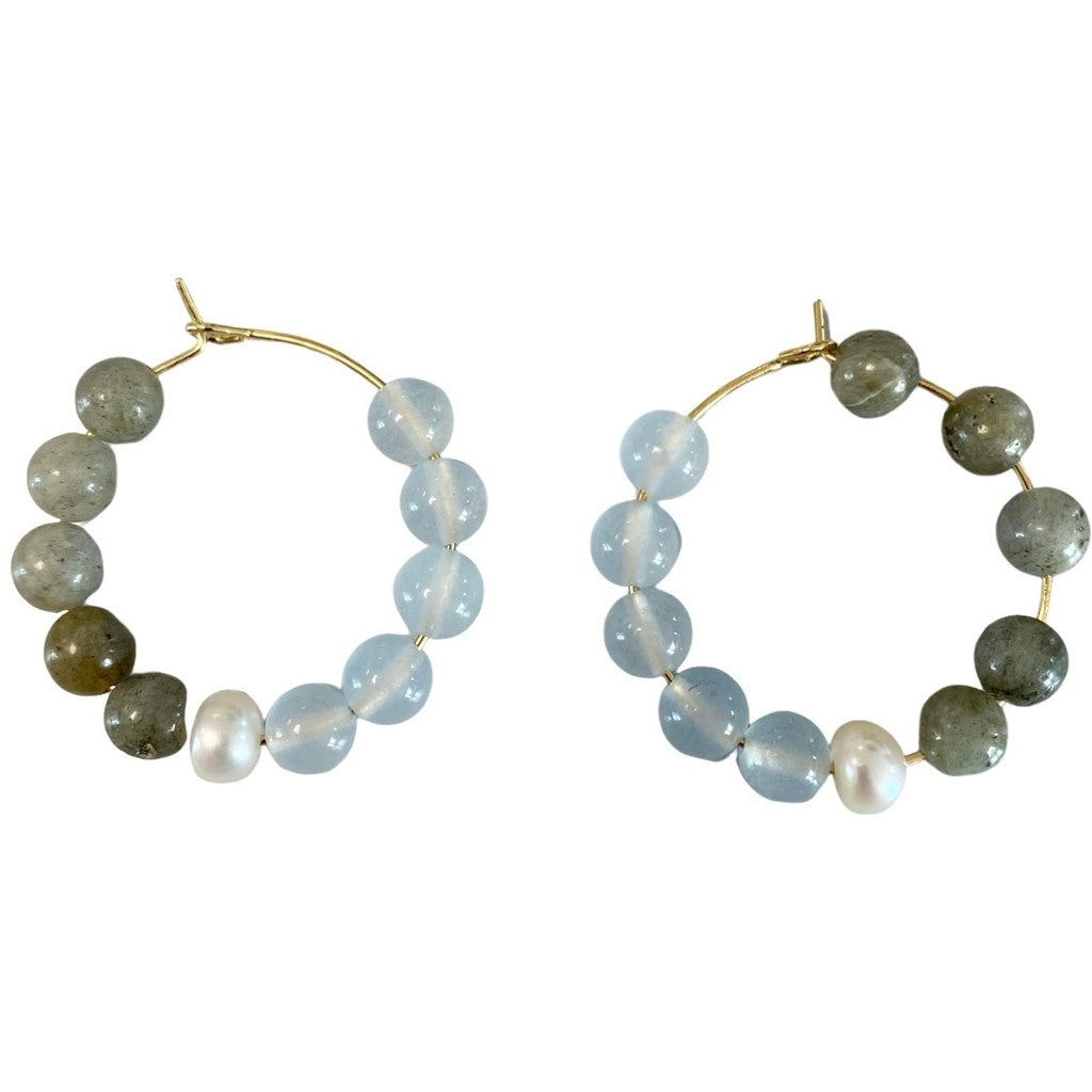 Jewelry T&S Nela Hoop Earring Earring Light blue chalcedony-Kaki labradorite